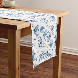 Playful Blue Dolphins and Waves Long Table Runner