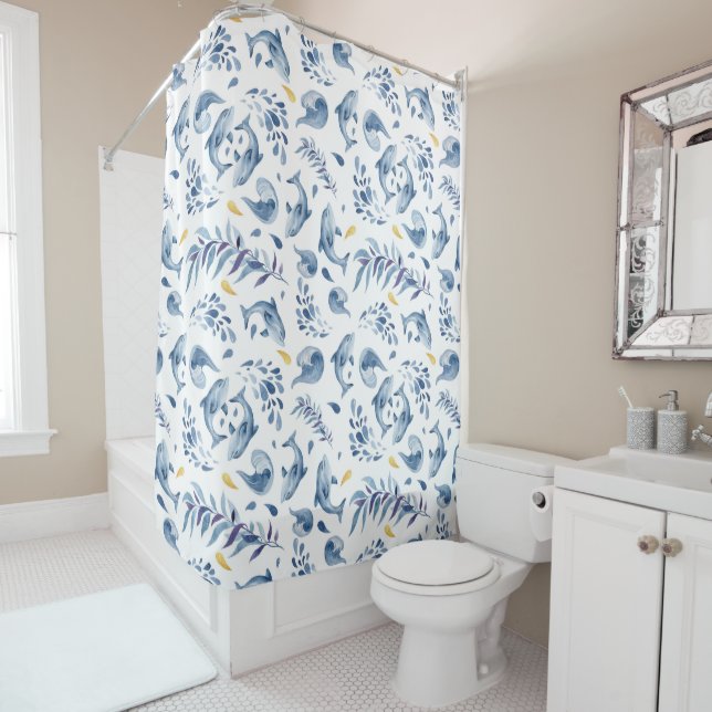 Playful Blue Dolphins and Waves Shower Curtain (In Situ)