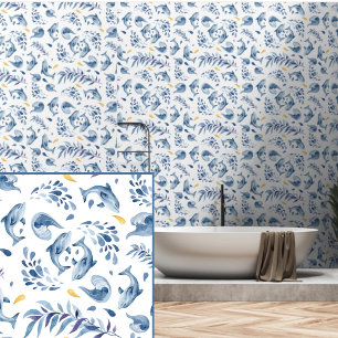 Playful Blue Dolphins and Waves Wallpaper