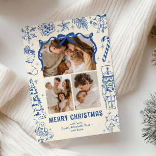 Playful Blue Doodle 3 Photo Christmas Holiday Card
