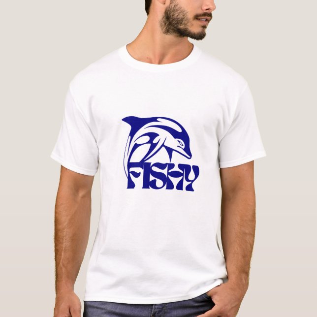 Playful Blue Fish Design with 'Fishy' Text T-Shirt (Front)
