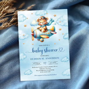 Playful blue pilot teddy bear boy shower invites