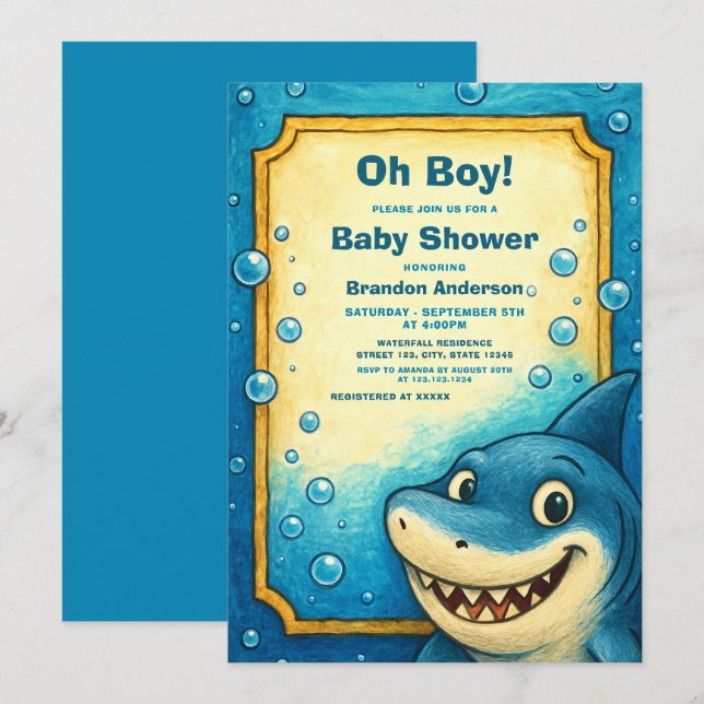 Playful Blue Shark Bubbles Boy Baby Shower Invitation (Front/Back)