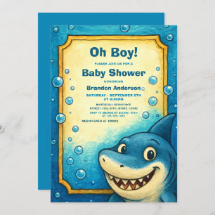 Playful Blue Shark Bubbles Boy Baby Shower Invitation