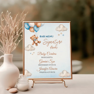 Playful Blue Teddy Balloon Baby Shower Bar Menu Poster
