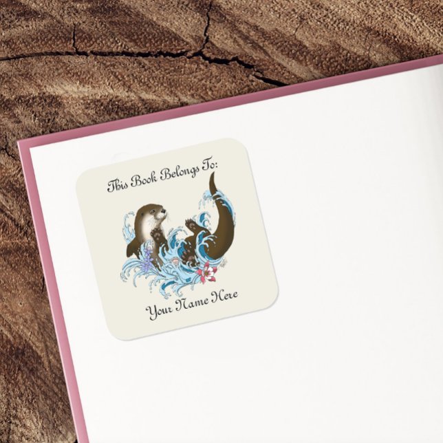 Playful Blue Whimsical River Otter Bookplate Square Sticker (Creator Uploaded)