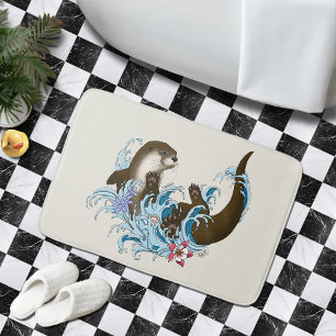 Playful Blue Whimsical River Otter Splash Cute Bath Mat
