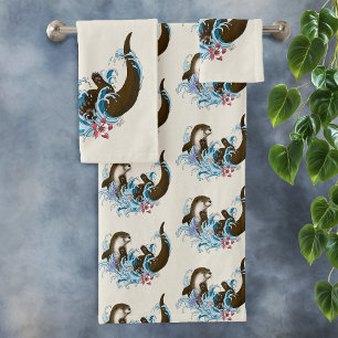 Playful Blue Whimsical River Otter Splash Cute Bath Towel Set