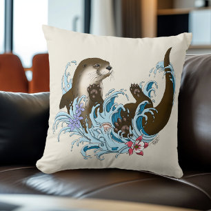 Playful Blue Whimsical River Otter Splash Cute Cushion