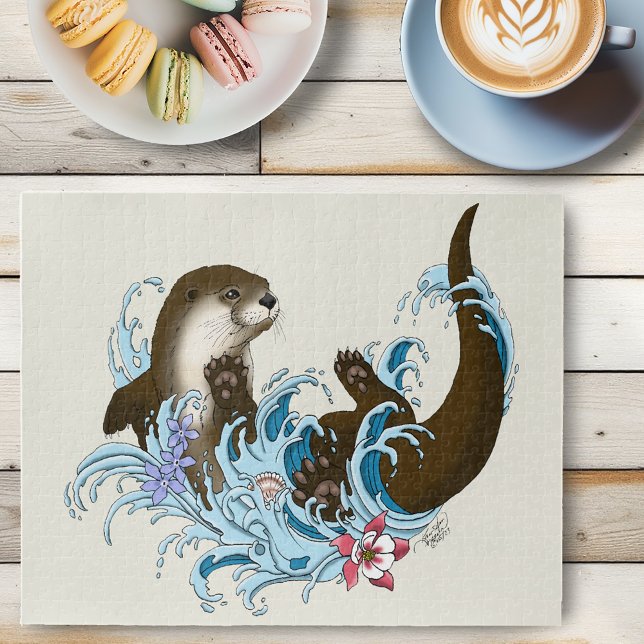 Playful Blue Whimsical River Otter Splash Cute Jigsaw Puzzle (Creator Uploaded)