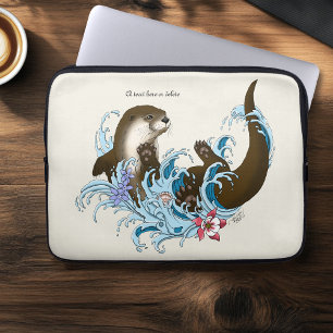 Playful Blue Whimsical River Otter Splash Cute Laptop Sleeve