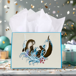 Playful Blue Whimsical River Otter Splash Cute Large Gift Bag