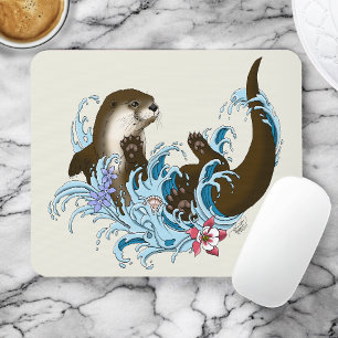 Playful Blue Whimsical River Otter Splash Cute Mouse Pad