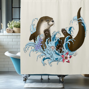 Playful Blue Whimsical River Otter Splash Cute Shower Curtain