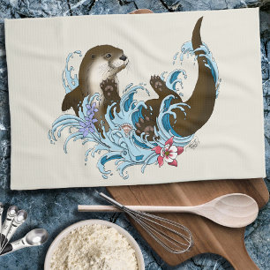 Playful Blue Whimsical River Otter Splash Cute Tea Towel
