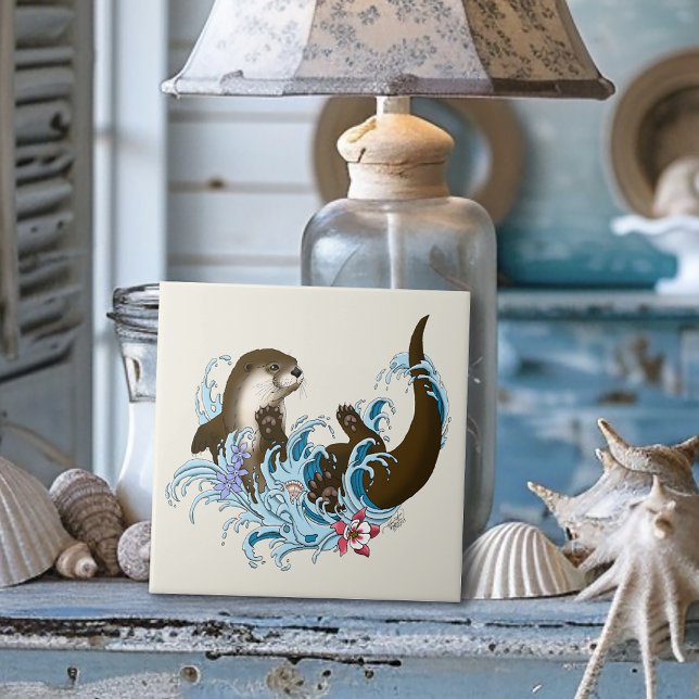 Playful Blue Whimsical River Otter Splash Cute Tile (Creator Uploaded)
