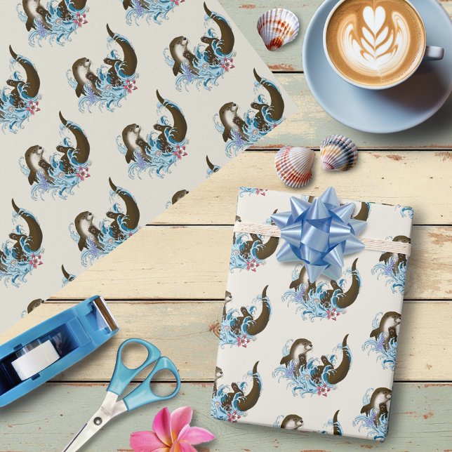 Playful Blue Whimsical River Otter Splash Cute Wrapping Paper (Creator Uploaded)