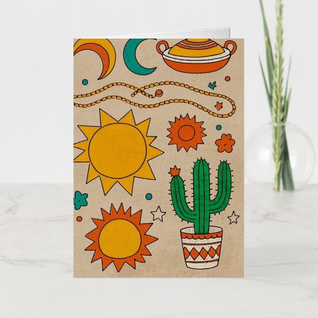 Playful Bohemian Patterns Hand-drawn suns, moons Foil Greeting Card (Front)