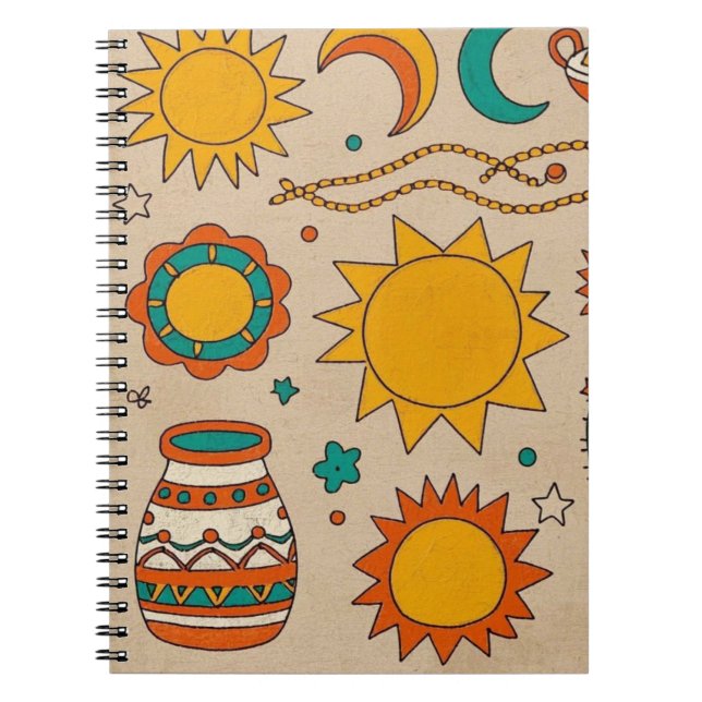 Playful Bohemian Patterns Hand-drawn suns, moons Notebook (Front)