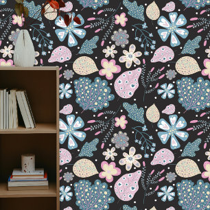Playful Boho Folk Art Pastel Florals and Leaves Wallpaper