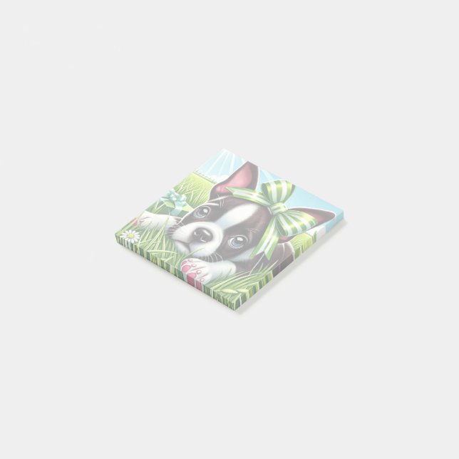 Playful Boston Terrier Puppy with Green Bow Post-it Notes (Angled)
