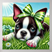 Playful Boston Terrier Puppy with Green Bow