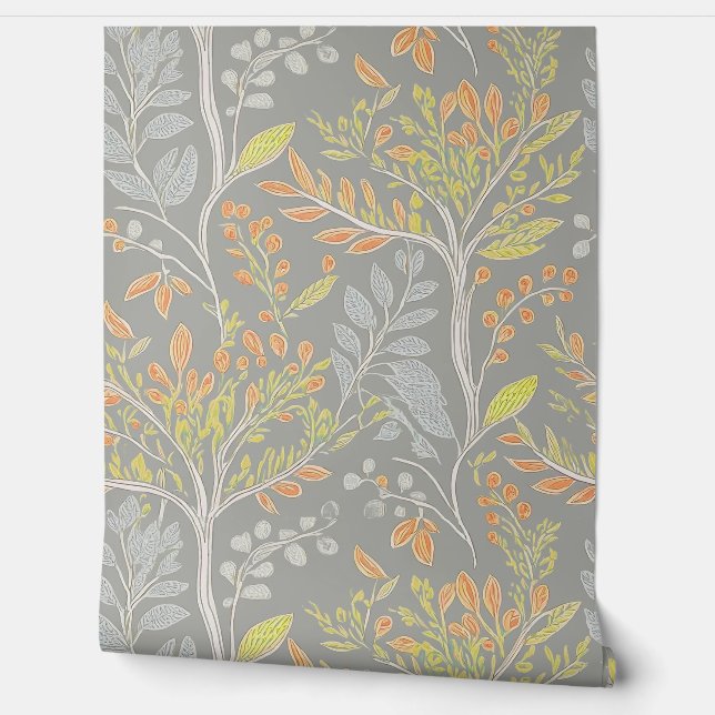 Playful Botanical On Light Grey Bright) Wallpaper (Unrolling)