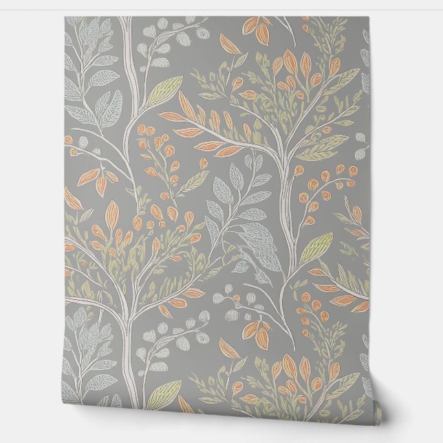 Playful Botanical On Light Grey (Muted) Wallpaper (Unrolling)