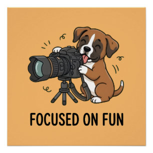 Playful Boxer Dog Camera Enthusiast Orange Art Poster