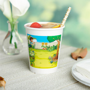 Playful Boy Running in a Lush Green Backyard  Paper Cups