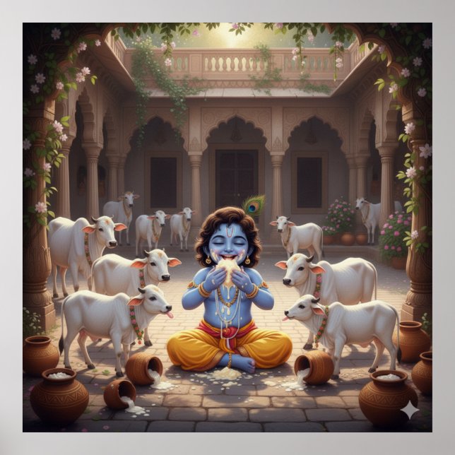 Playful Bright Bala Krishna Eating Butter Poster (Front)