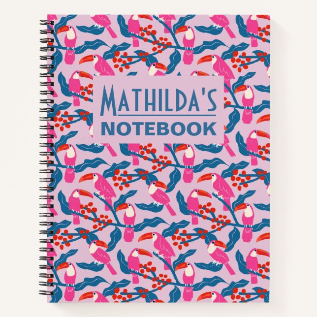 Playful bright pink toucans notebook (Front)