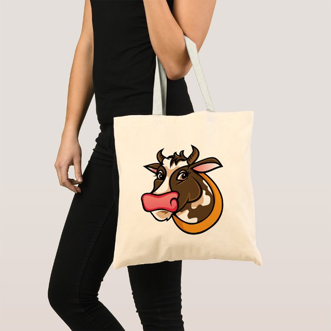 Playful Brown Cow Head with Pink Nose Tote Bag (Creator Uploaded)