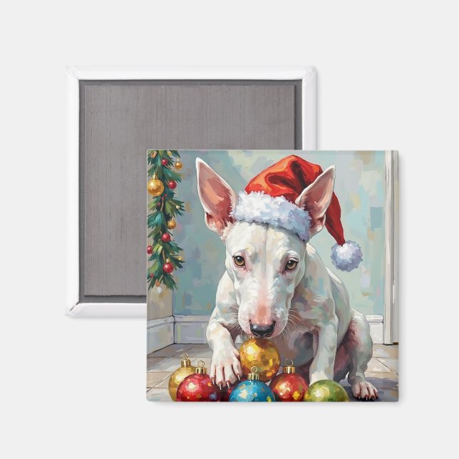 Playful Bull Terrier Dog Guarding Christmas Magnet (Front/Back)