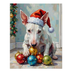 Playful Bull Terrier Dog Guarding Christmas Poster