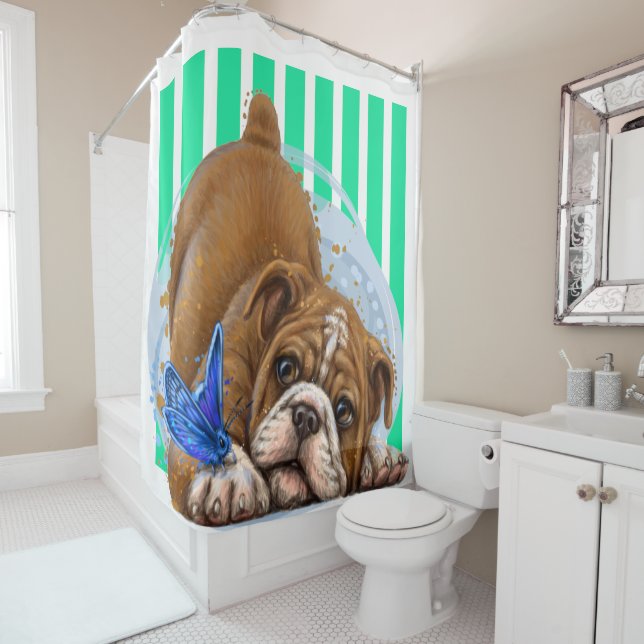Playful Bulldog and Butterfly Shower Curtain (In Situ)
