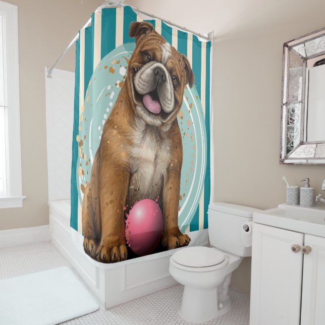 Playful Bulldog Shower Curtain (In Situ)