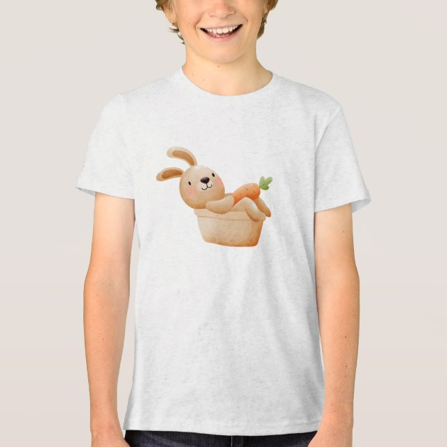 Playful Bunny in Flower Pot with Carrot Tri-Blend Shirt (Front)