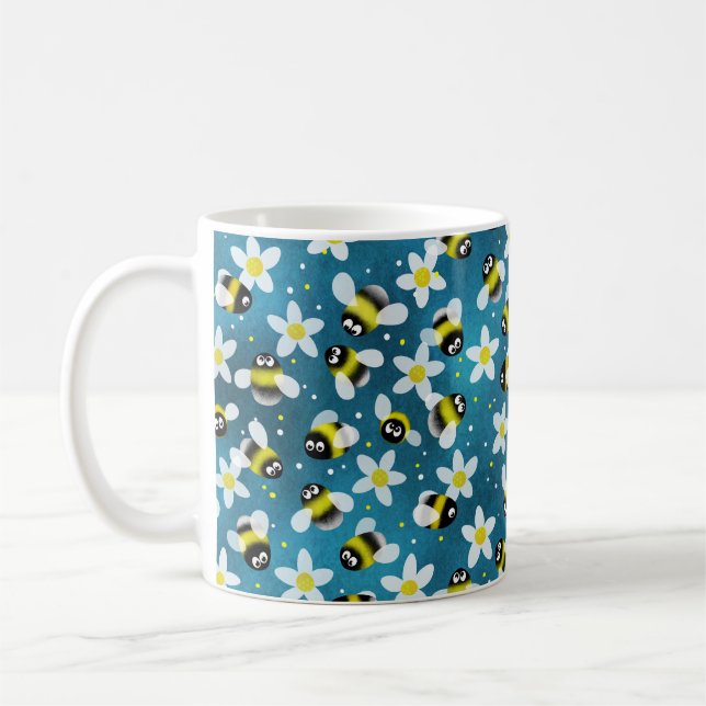 Playful Buzzing Bees (Denim Blue) Coffee Mug (Left)