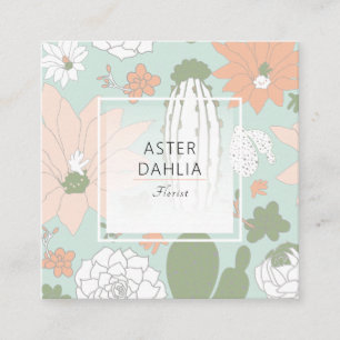 Playful Cacti Peach Green Floral Pattern Square Business Card