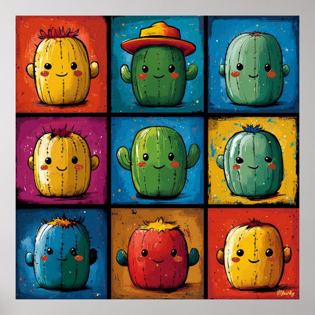 Playful Cactus Character Grid for Kids' Room Decor (Front)