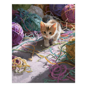 Playful Calico Kitten Colorful Yarn Chaos Art Poster