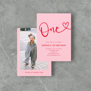 Playful Calligraphy Heart Pink Red 1st Birthday Invitation