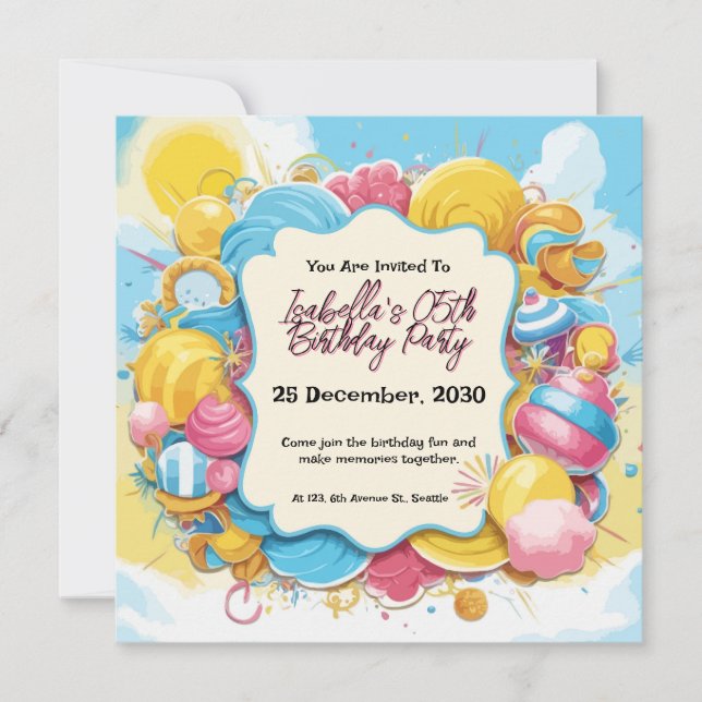 Playful Candy-Themed Personalised Birthday Invitation (Front)