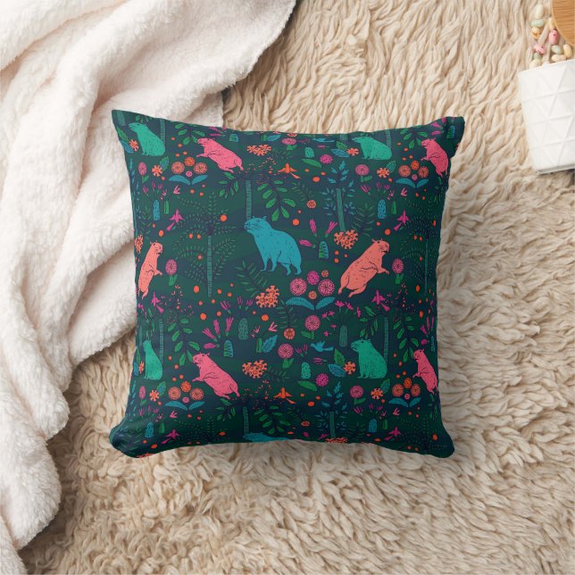 Playful Capybara in the Forest – Tropical Seamless Cushion (Blanket)