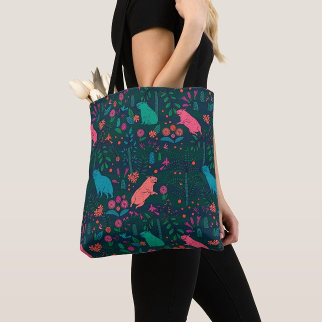 Playful Capybara in the Forest – Tropical Seamless Tote Bag (Close Up)