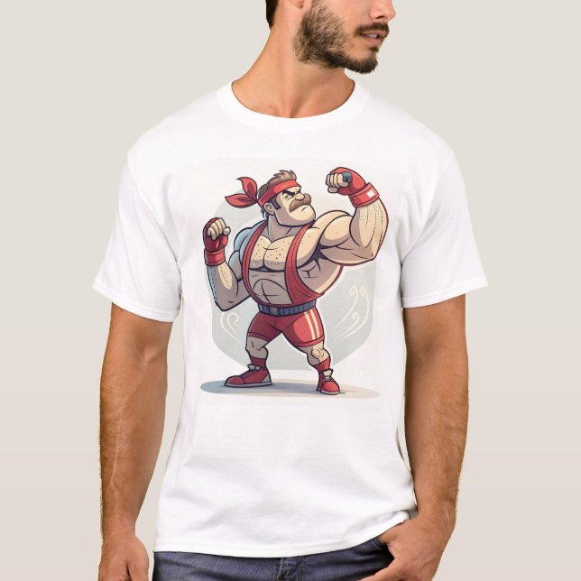 Playful Cartoon Bodybuilder Illustration T-Shirt (Front)