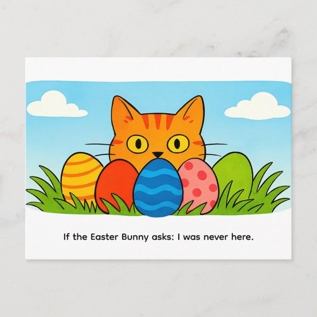 Playful Cartoon Cat Hiding Behind Easter Eggs Postcard (Front)