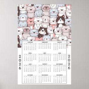 Playful Cartoon Cat Pattern with 2026 Calendar Poster