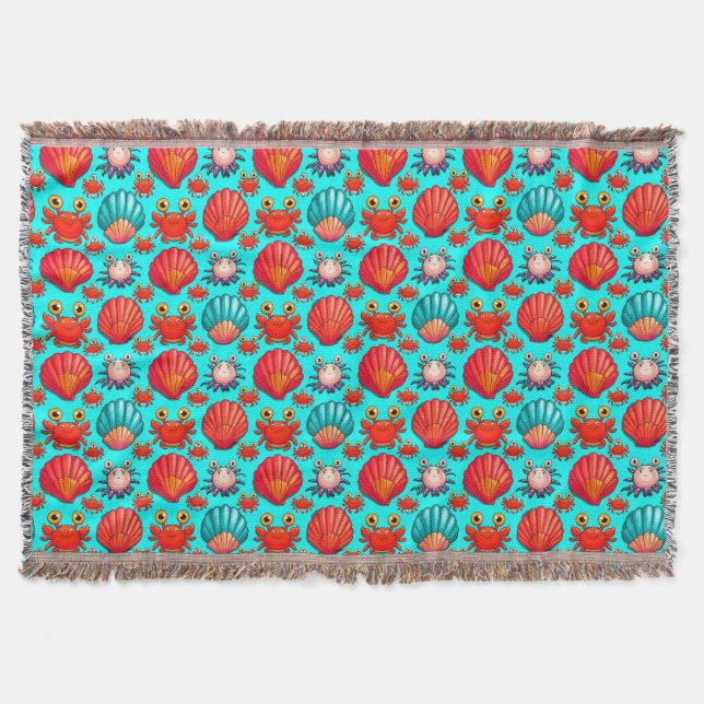 Playful Cartoon Crabs and Seashells Pattern Throw Blanket (Front)